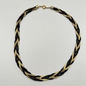 VTG 1980's Striking Black and Gold Medal Braided Chain Necklace 18"